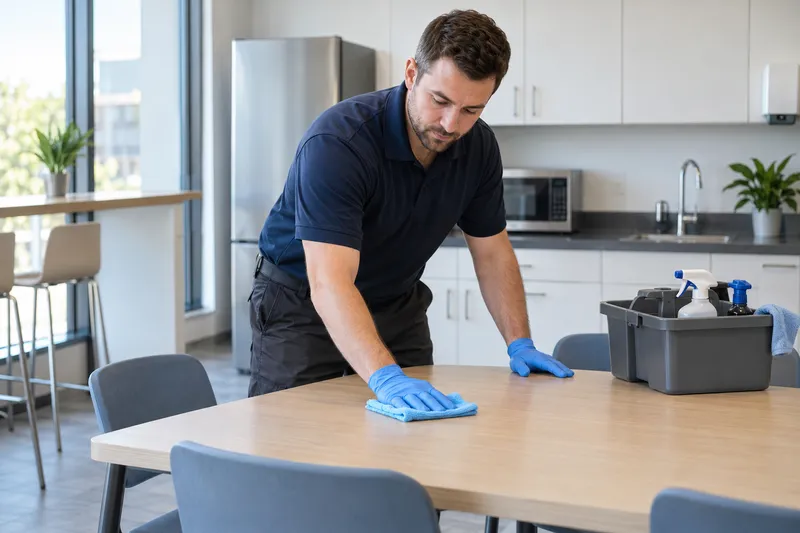 AI-generated illustration of a cleaner wiping a table in an employee breakroom.