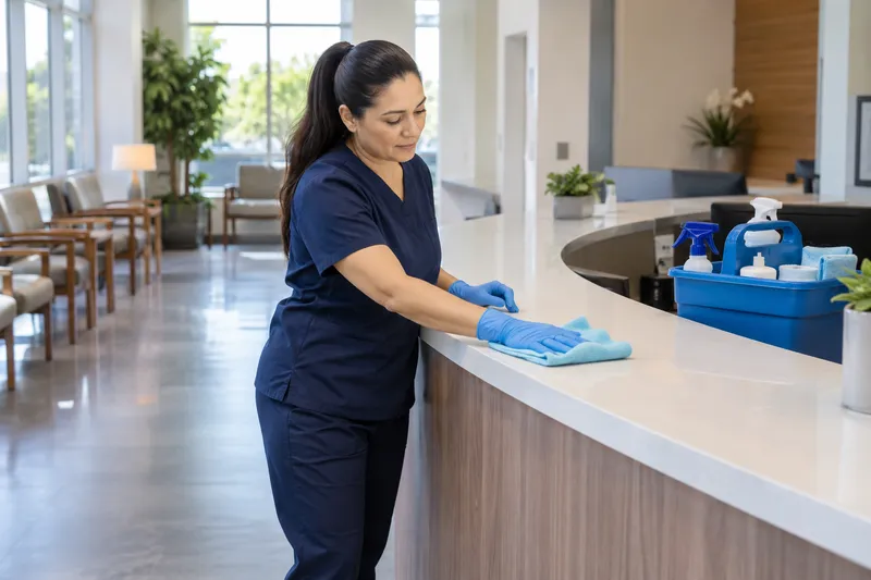 AI-generated illustration of a cleaner wiping a clinic reception counter.