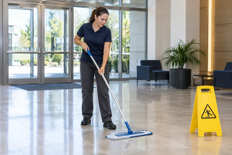 AI-generated illustration of a cleaner mopping a lobby floor beside a wet-floor sign.