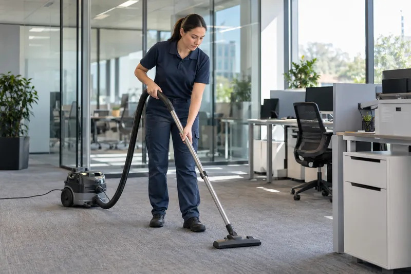 AI-generated illustration of a cleaner vacuuming carpet in an office.