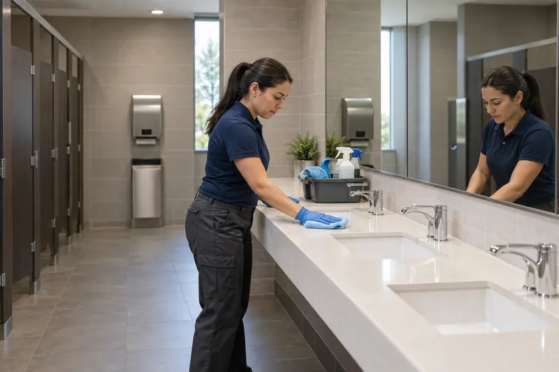 AI-generated illustration of a cleaner wiping a commercial restroom counter.