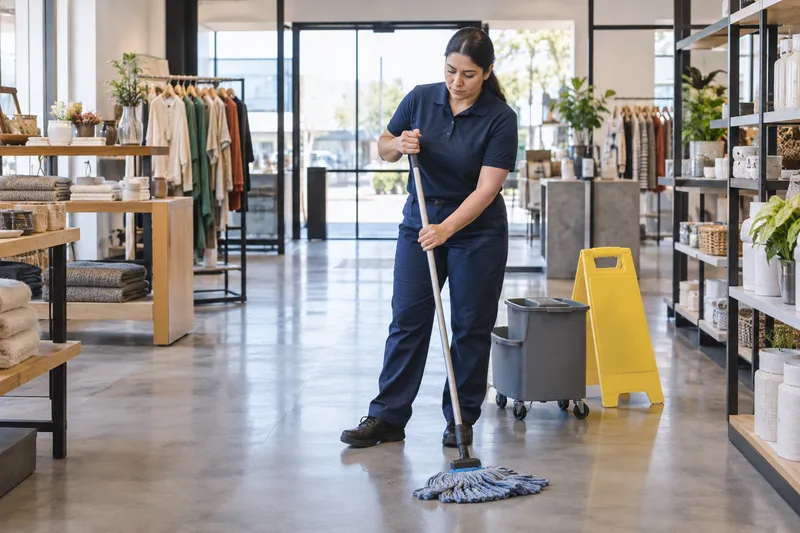 AI-generated illustration of a cleaner mopping the floor of a retail store.