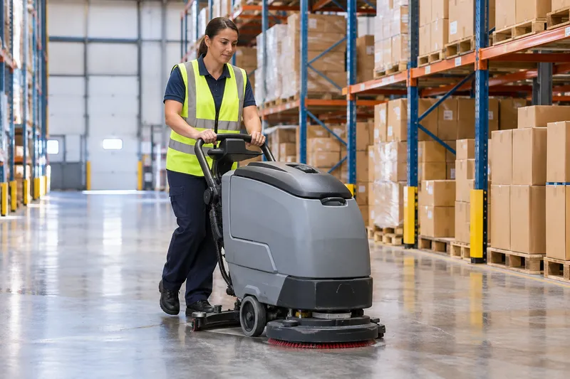 AI-generated illustration of a cleaner operating a floor scrubber in a warehouse.